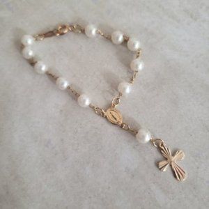 14k GF Cross Pearls 1st Communion Rosary Bracelet